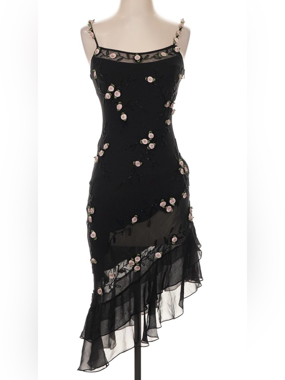 Vintage Y2K Cache silk asymmetrical rosette applique fairy dress